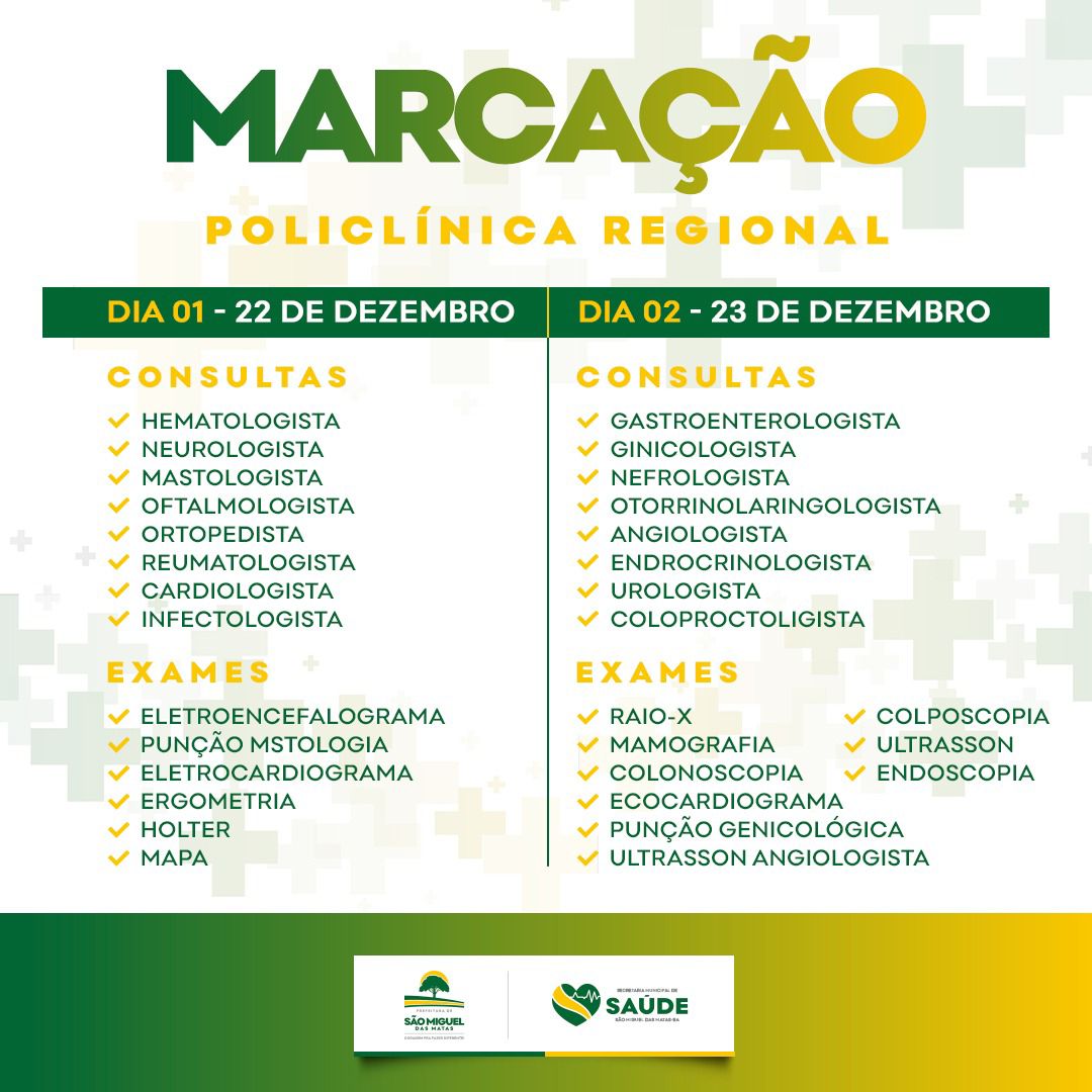 Prefeitura divulga datas para marcação de consultas e exames para policlinica regional.